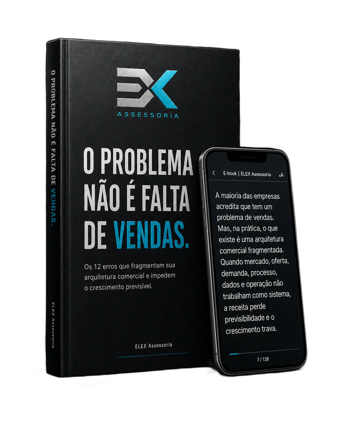 Livro O problema não é falta de vendas ao lado de um celular exibindo o eBook
