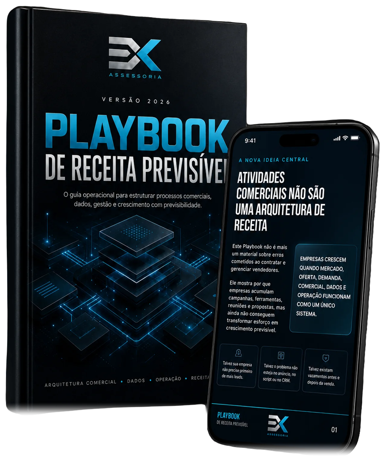 Playbook de Receita Previsível impresso ao lado de um celular exibindo uma página interna do material